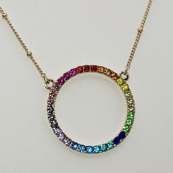 Rainbow Rhinestone Circular Pendant Necklace - Picture 1 of 4